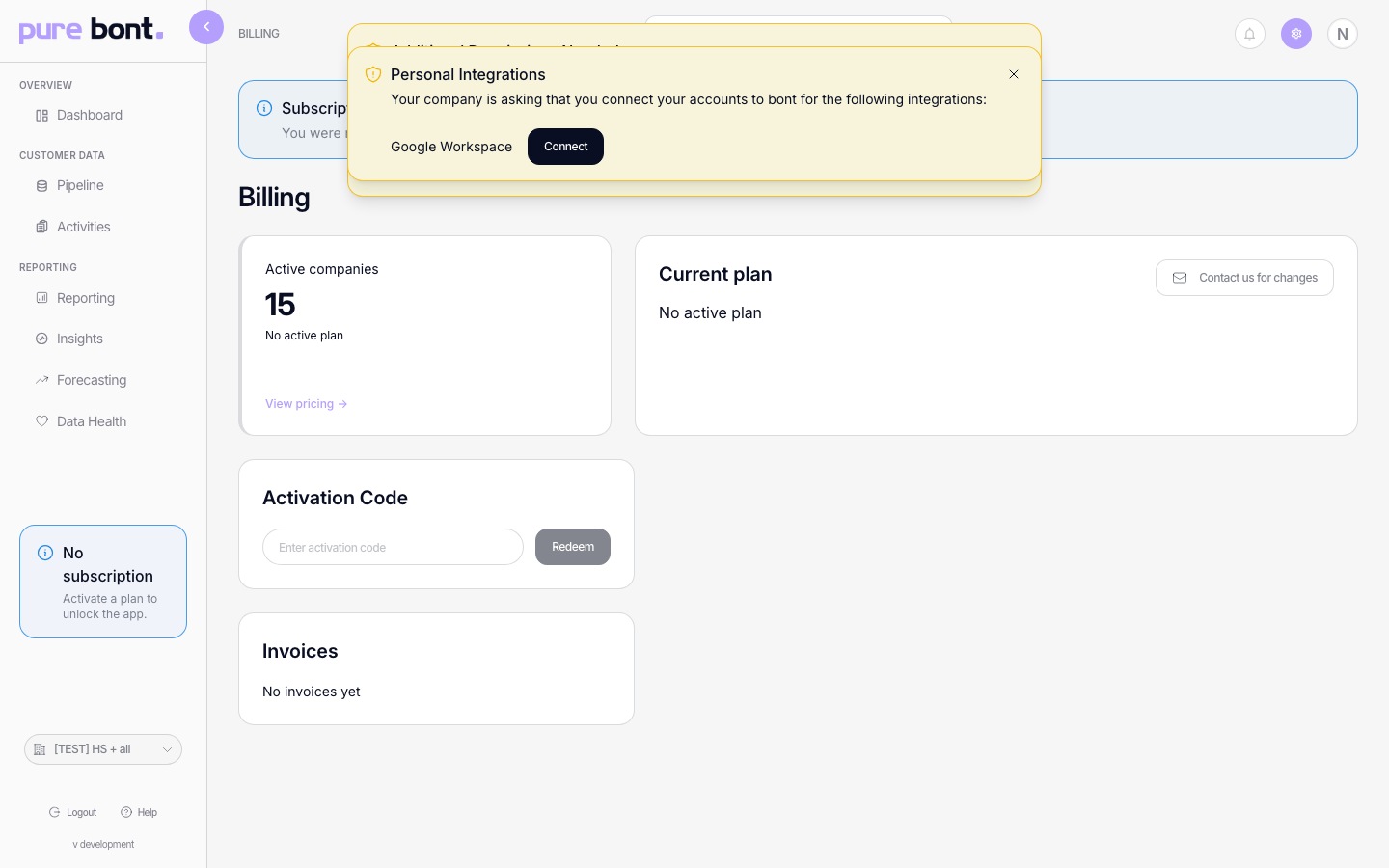Activation Code card with a code input field and a Redeem button