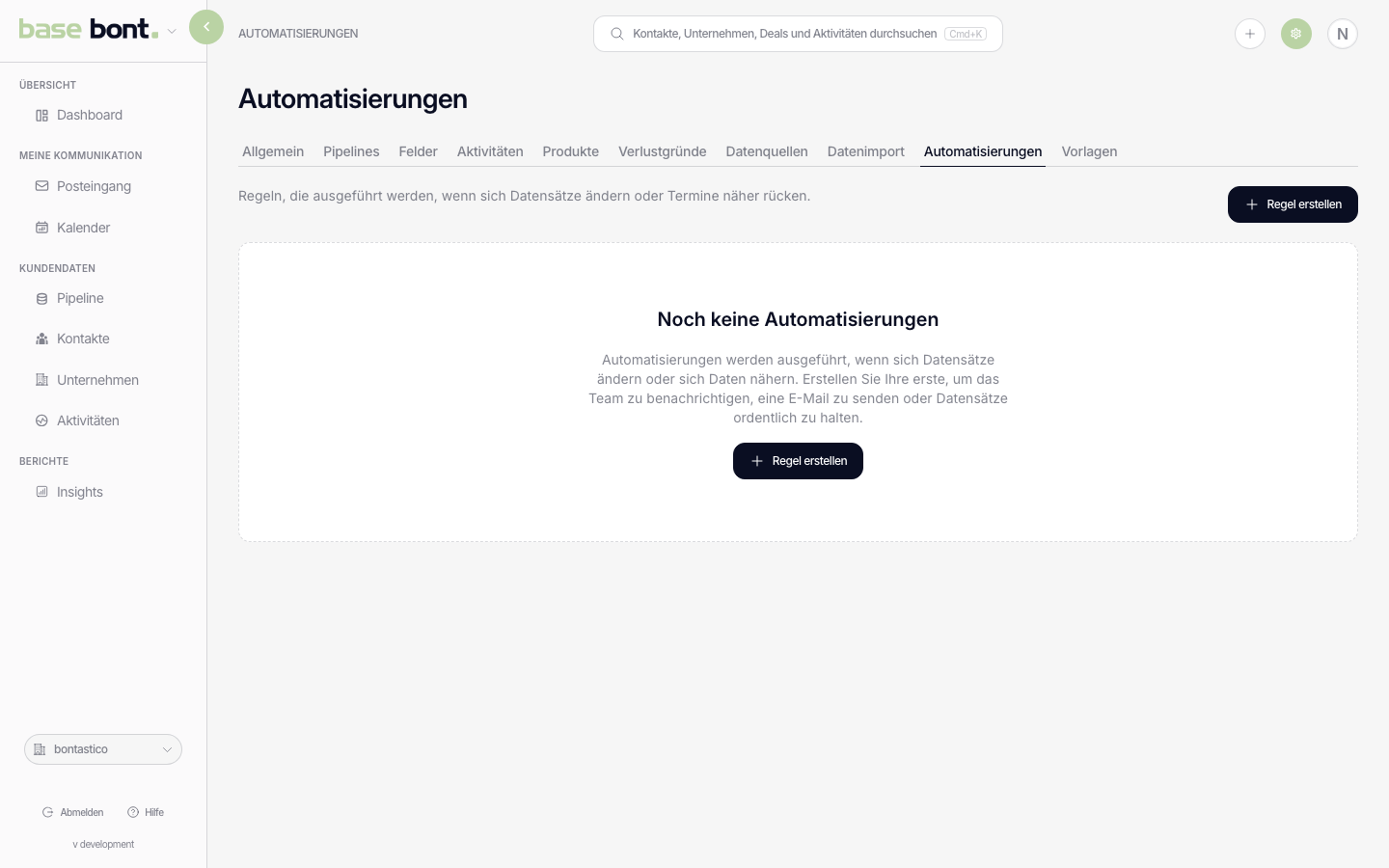 Der Automatisierungen-Tab in den base-bont-CRM-Einstellungen mit Button Regel erstellen