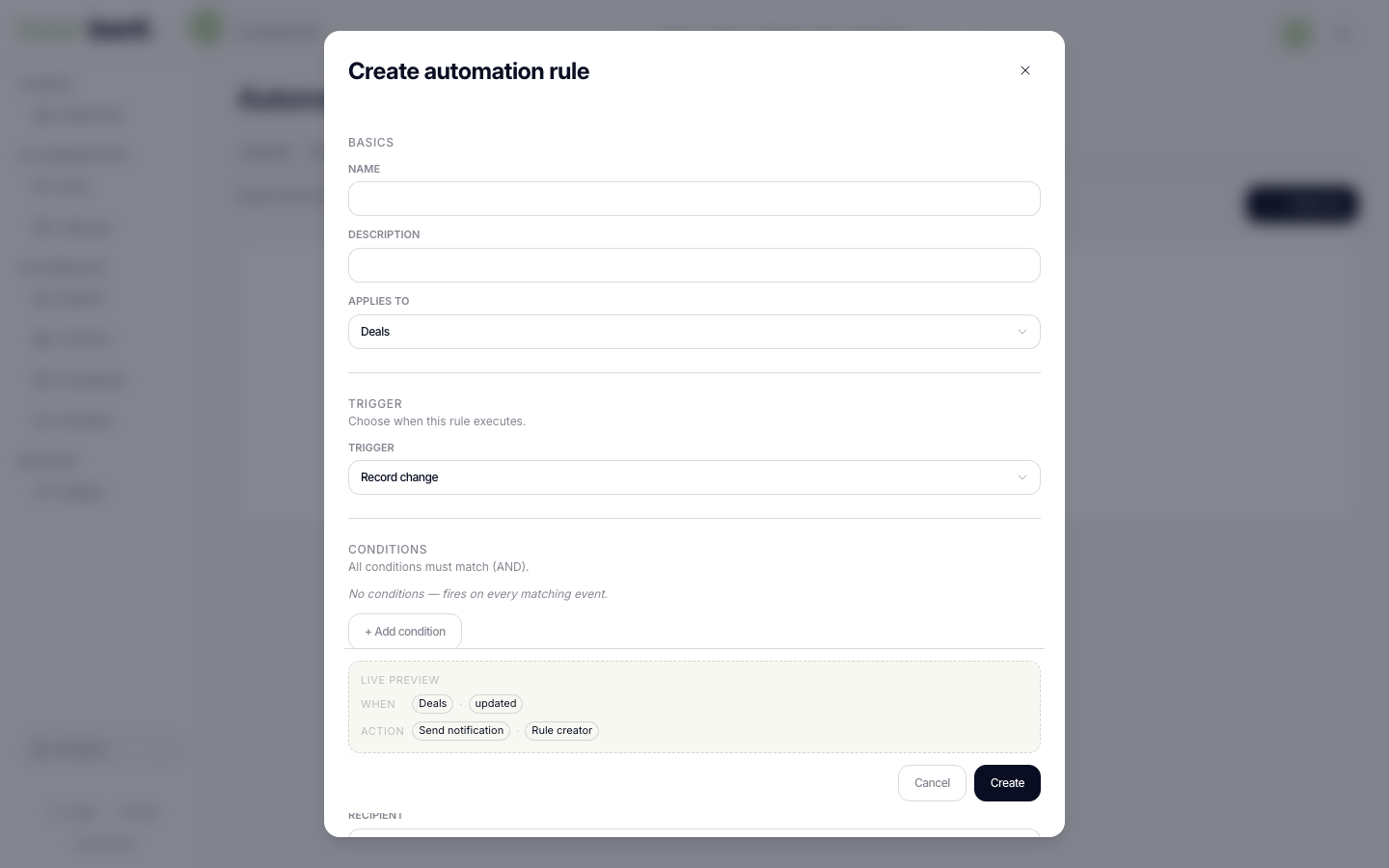 The Create automation rule dialog showing Name, Applies to set to Deals, a Record change trigger, a conditions section reading all conditions must match, and a live preview summarising the rule
