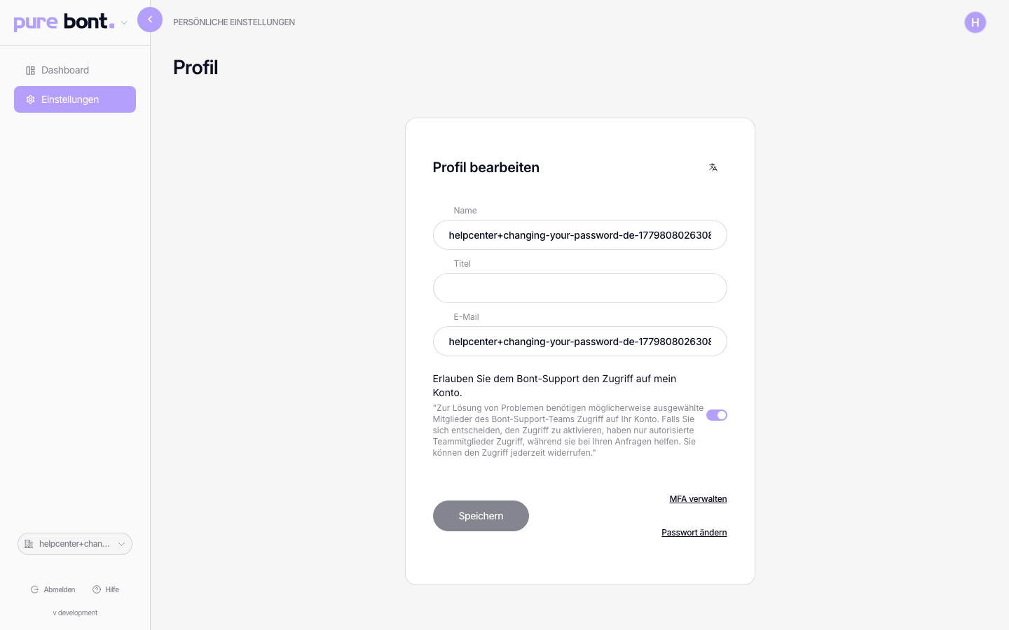 Profil-Einstellungsseite mit den Buttons MFA verwalten und Passwort ändern