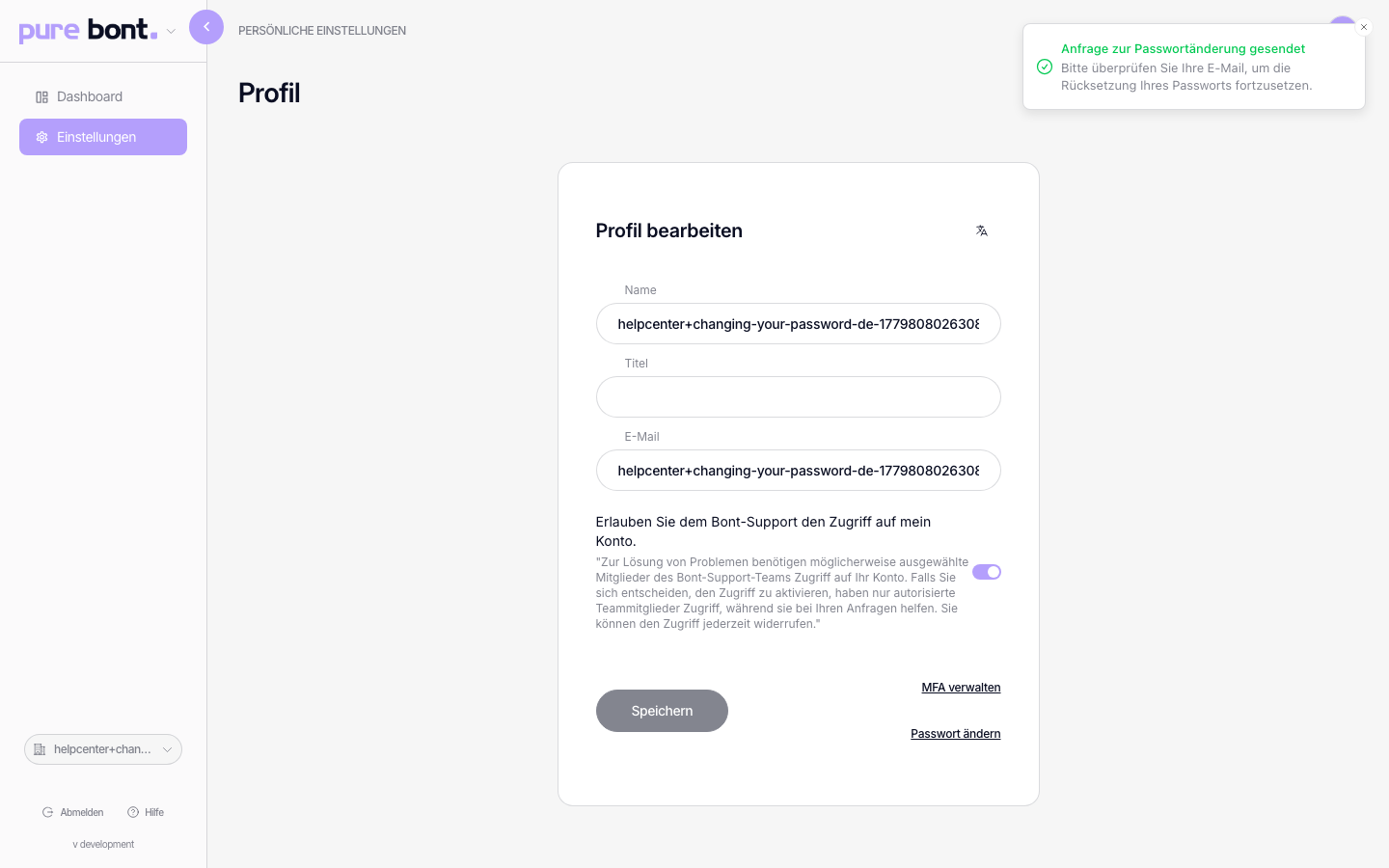 Profil-Einstellungen nach dem Klick auf Passwort ändern mit Bestätigung, dass eine E-Mail verschickt wurde