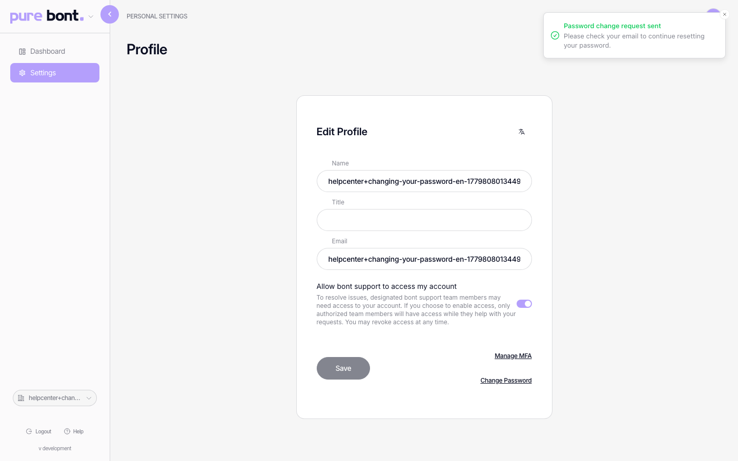 Profile settings after clicking Change Password, showing the confirmation that an email has been sent