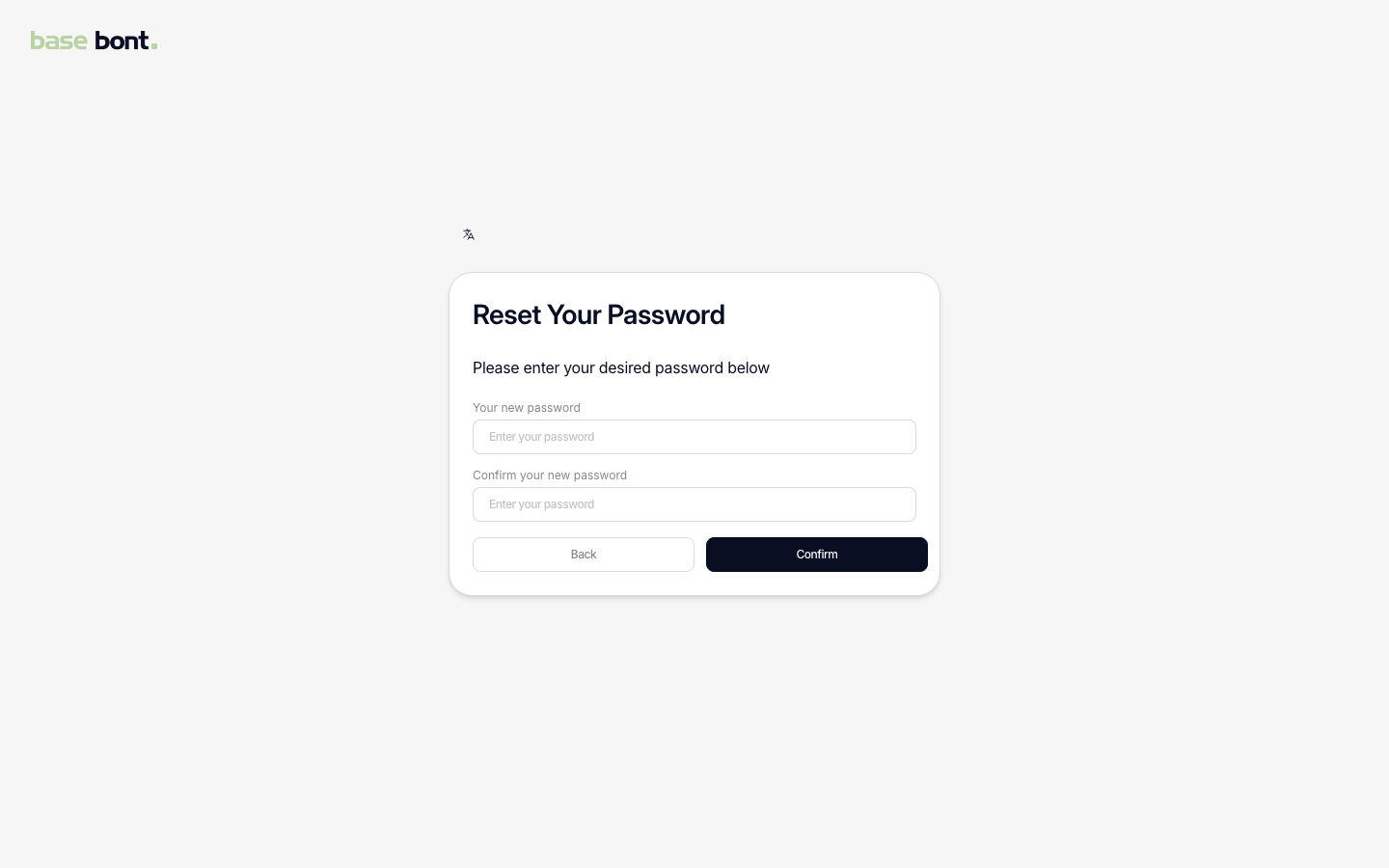 The reset form the Change Password link opens, with the new password and confirm fields
