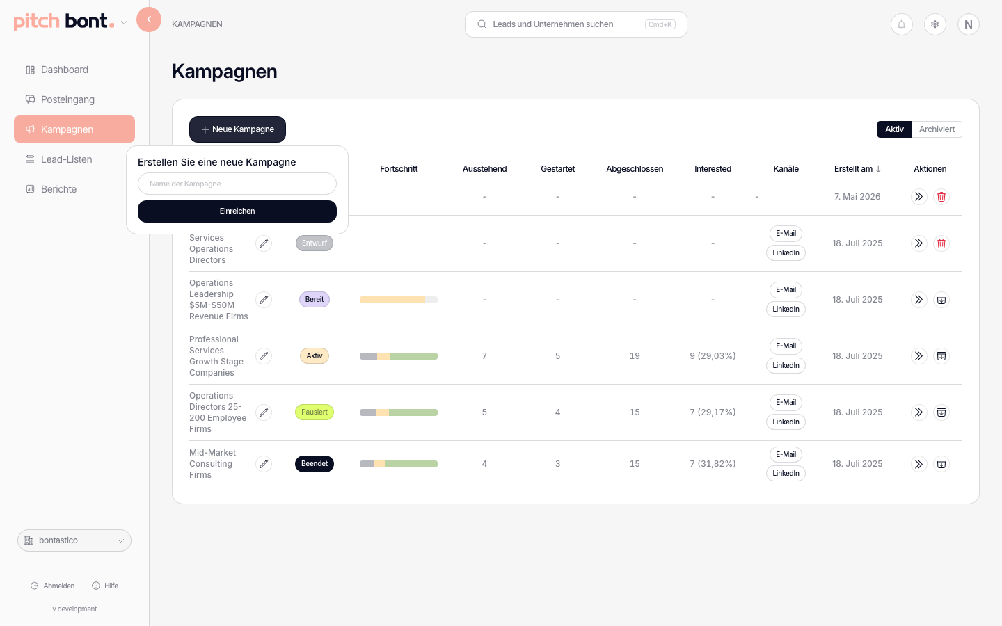 Pitch-bont-Kampagnen-Builder mit Name, Lead-Listen-Picker, Sequenz-Editor und Sending-Settings-Panel