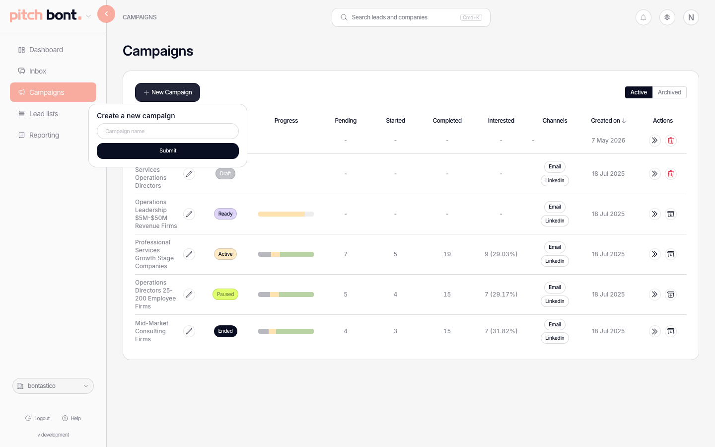 Pitch bont campaign builder with name, lead-list picker, sequence steps editor and sending settings panel