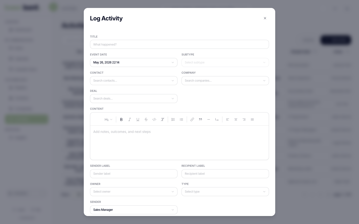 Add activity modal with a type selector, linked records, date pickers and a content body