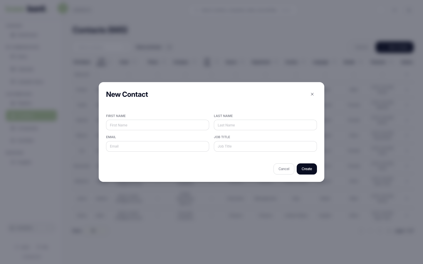 New Contact modal with name, email and phone fields and a Create button at the bottom