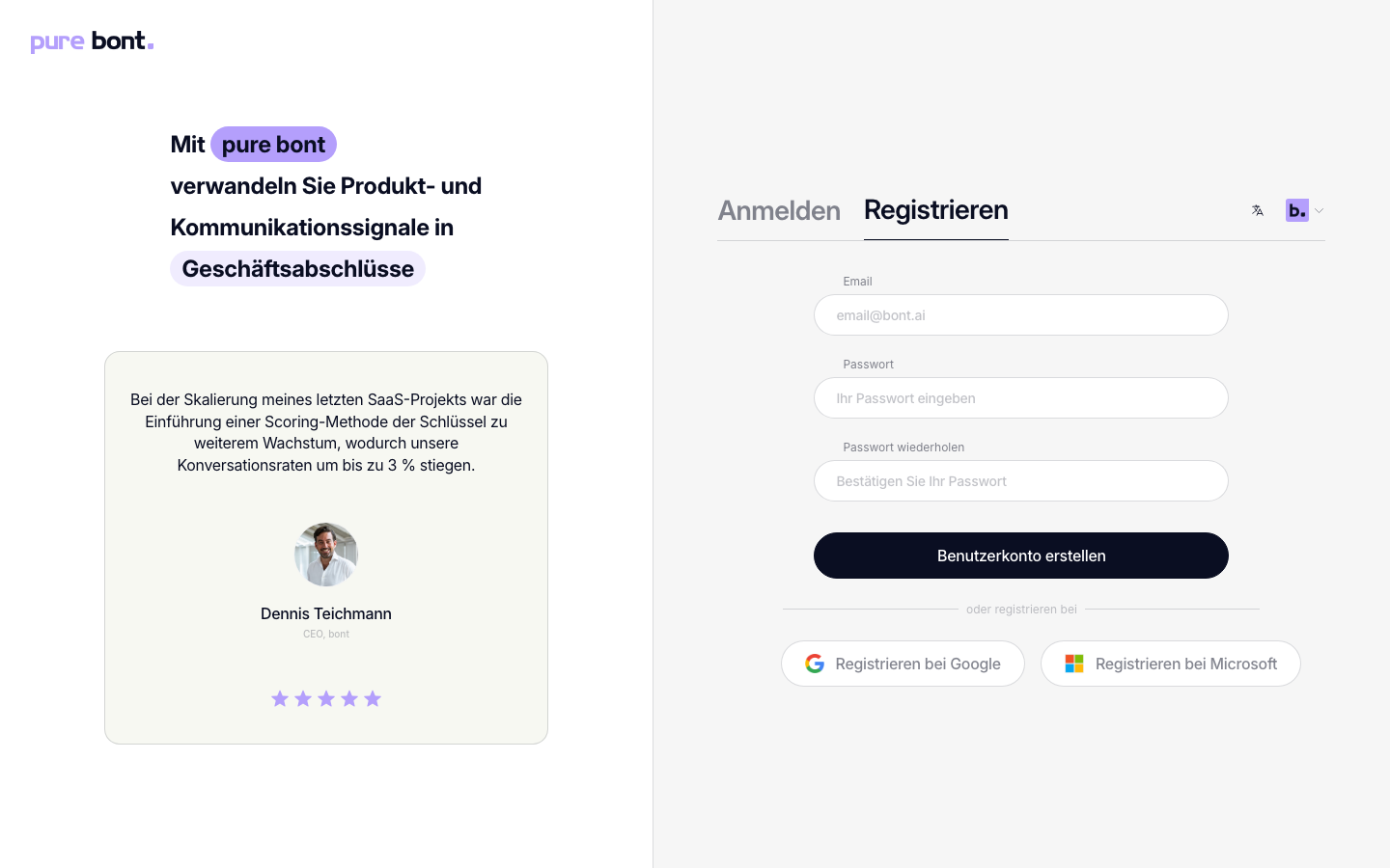 bont Registrieren-Tab mit leeren Feldern für Email, Passwort und Passwort wiederholen