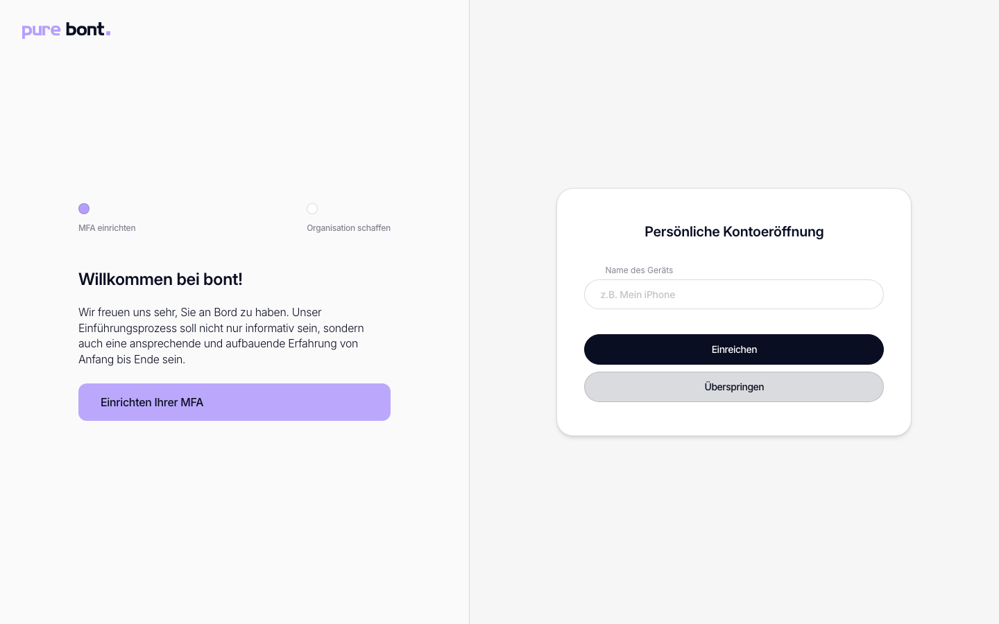 Onboarding-Schritt 1: MFA einrichten — mit Gerätename, Einreichen- und Überspringen-Button