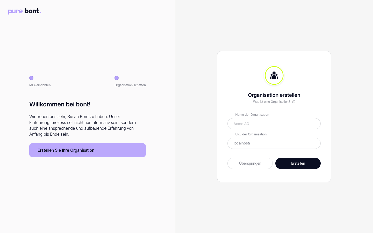 Onboarding-Schritt 2: Organisation erstellen — Felder für Name und URL