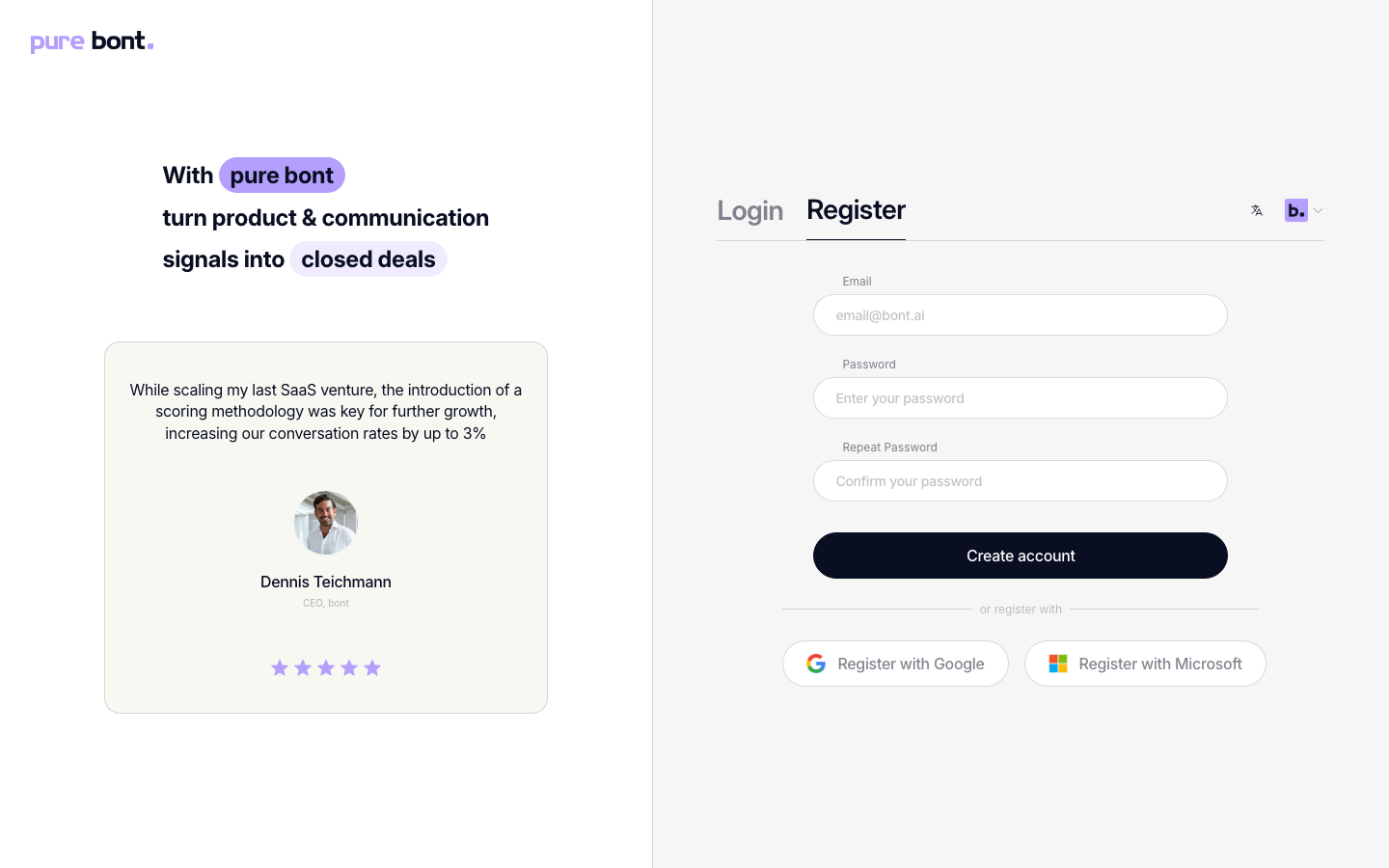 bont Register tab with empty email, password and repeat password fields