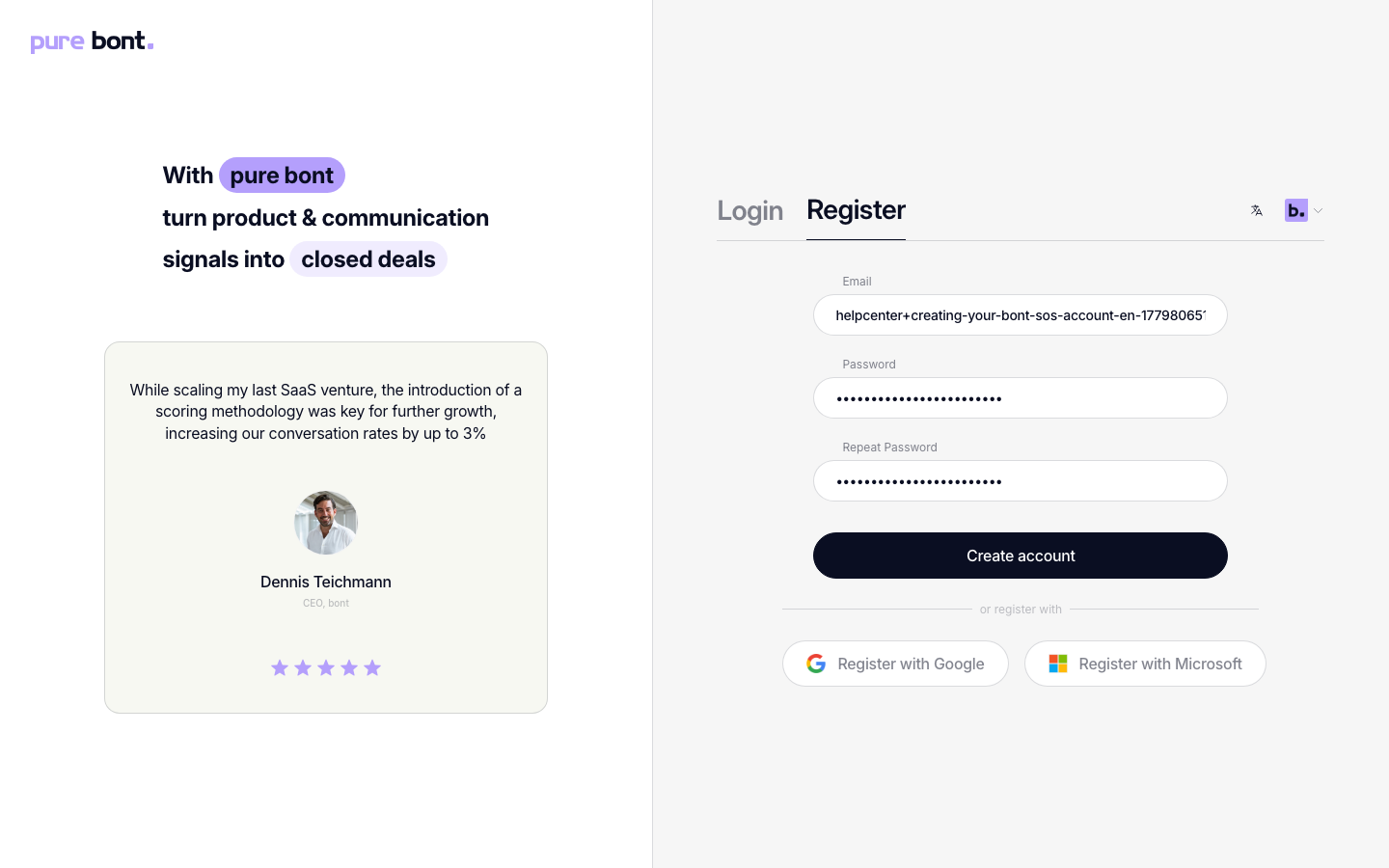 Register form with email and both password fields filled in