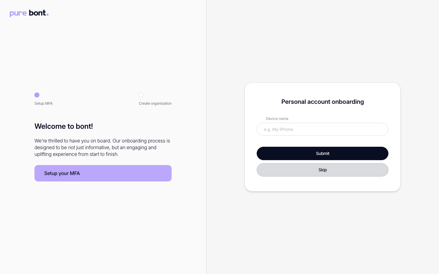 Onboarding step 1: Setup MFA, with a device name field, Submit and Skip buttons