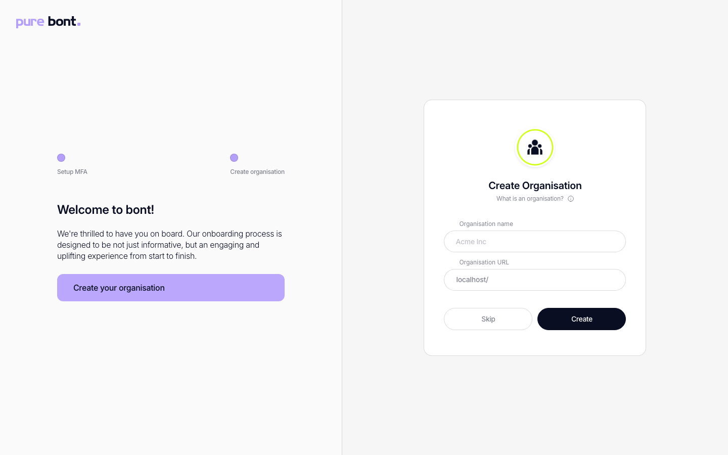 Onboarding step 2: Create Organisation, with name and URL fields