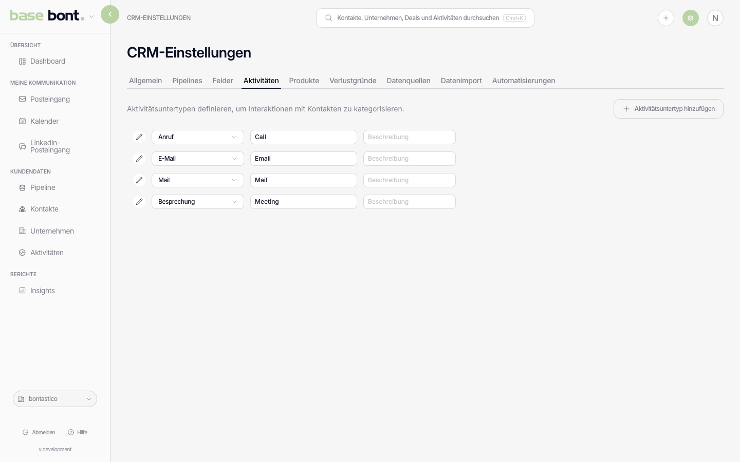 Aktivitäten-Konfiguration mit editierbarer Liste der Subtypen: Call, Email, Meeting, Mail, SMS, LinkedIn, WhatsApp, Task
