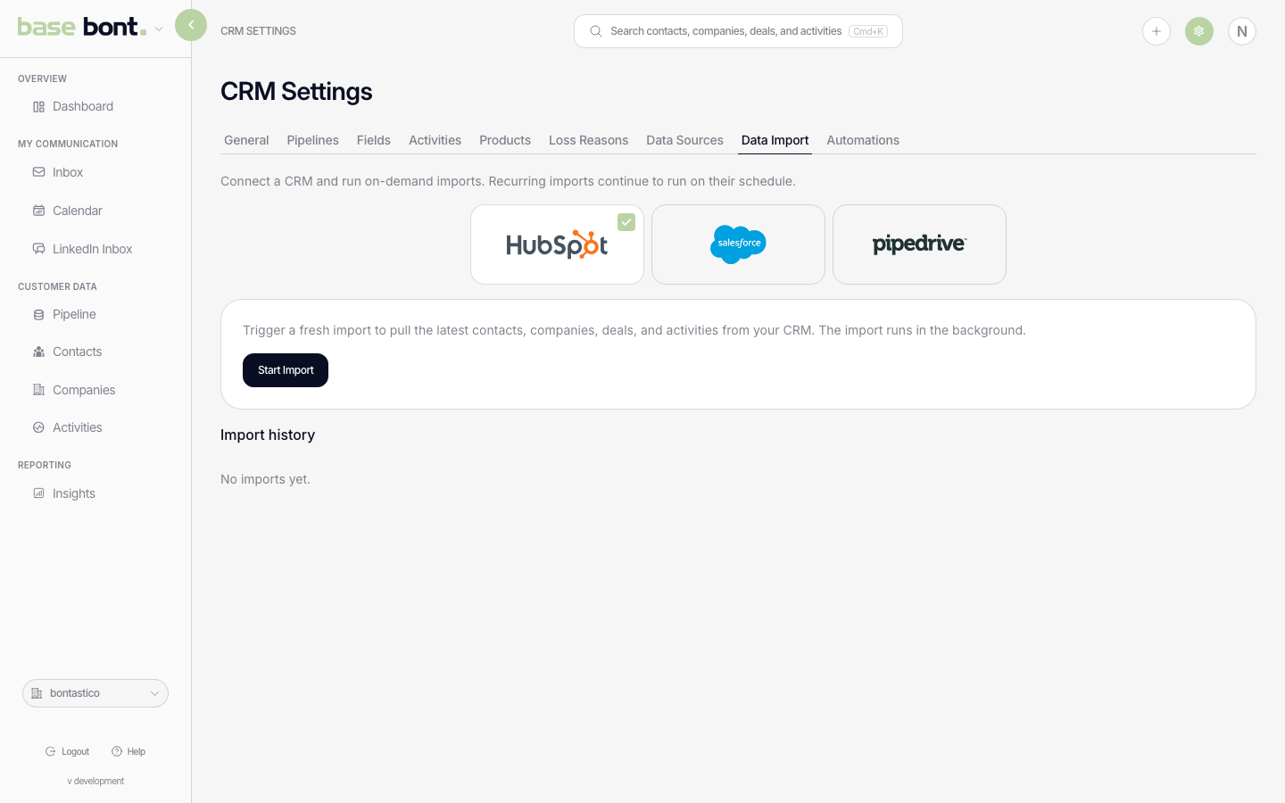 Data Import page with a CRM provider selector at the top and an import history list below showing past jobs and statuses