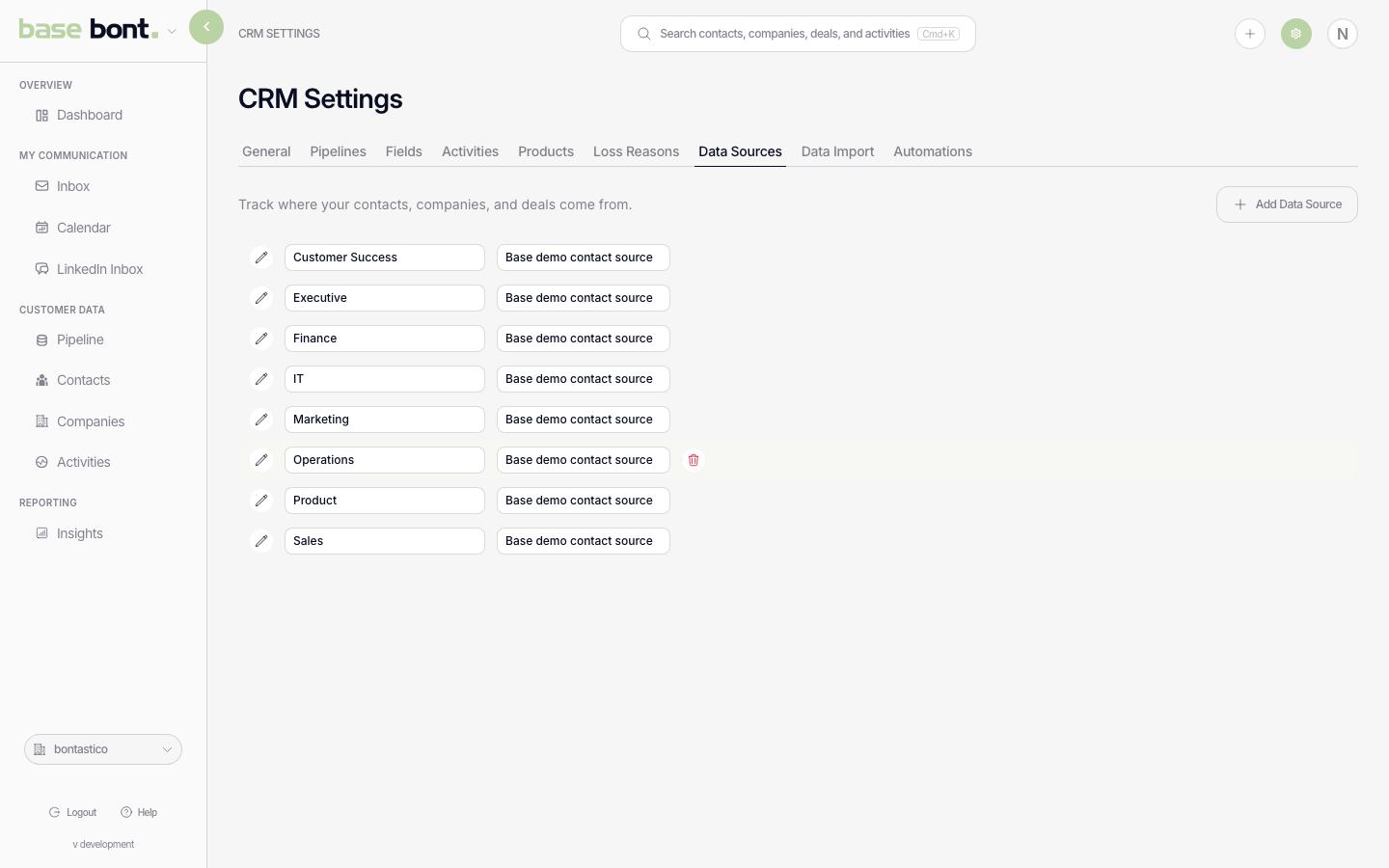 Data Sources configuration page with an editable list of source names and a quick-preview action per row