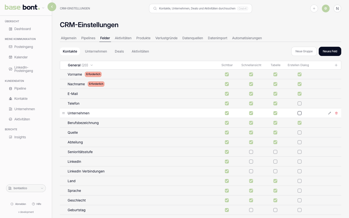 Fields-Konfiguration mit nach Objekt gruppierten Listen (Contacts, Companies, Deals, Activities) und Add-Field-Button je Gruppe