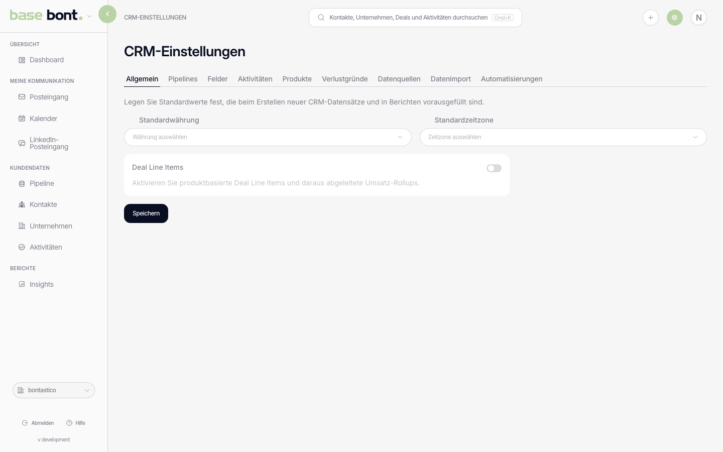 CRM-Konfiguration-General-Seite mit Toggles und Dropdowns für Line Items, Währung und Zeitzone