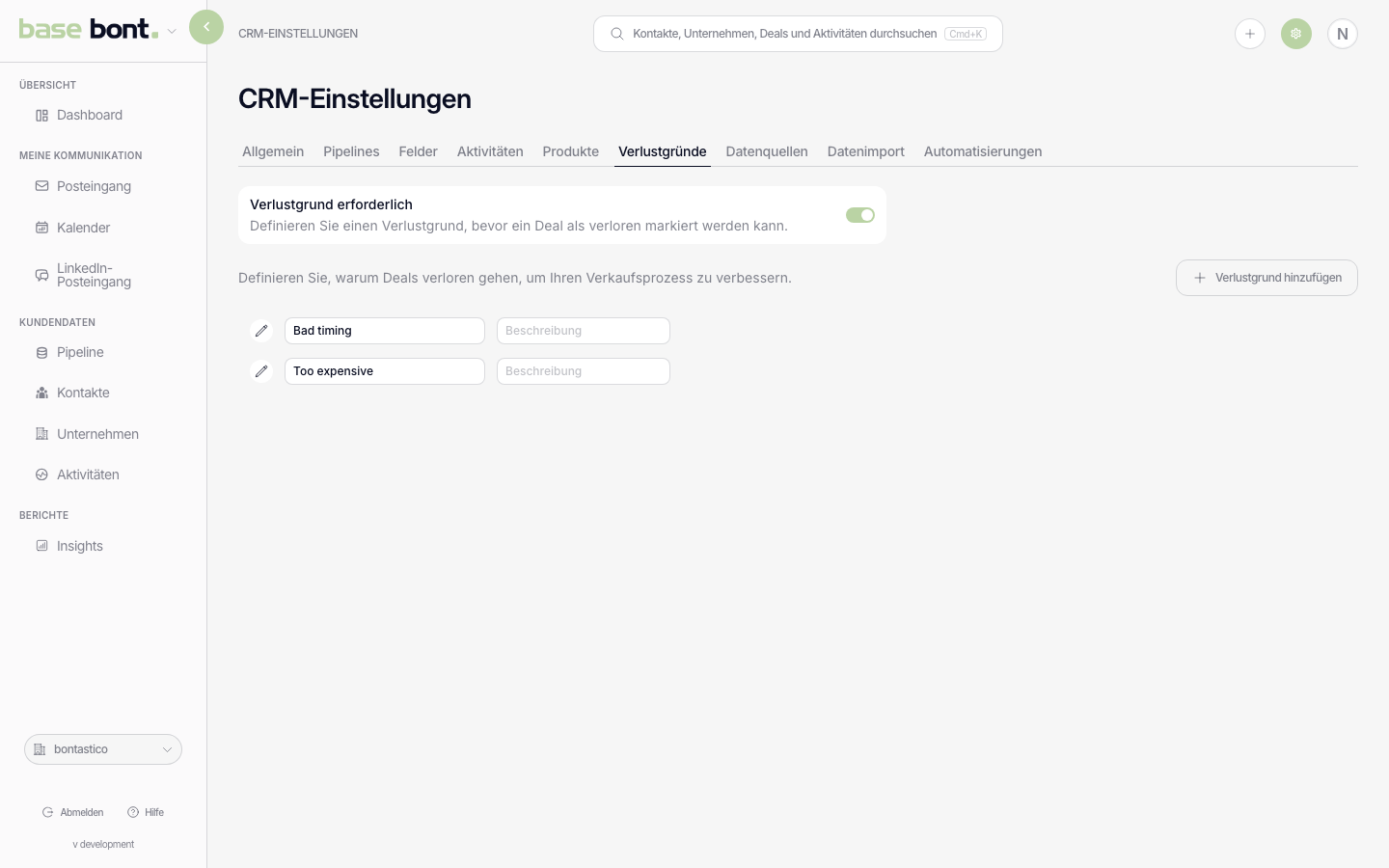 Loss-Reasons-Konfiguration mit editierbarer Liste und Toggle Required on close