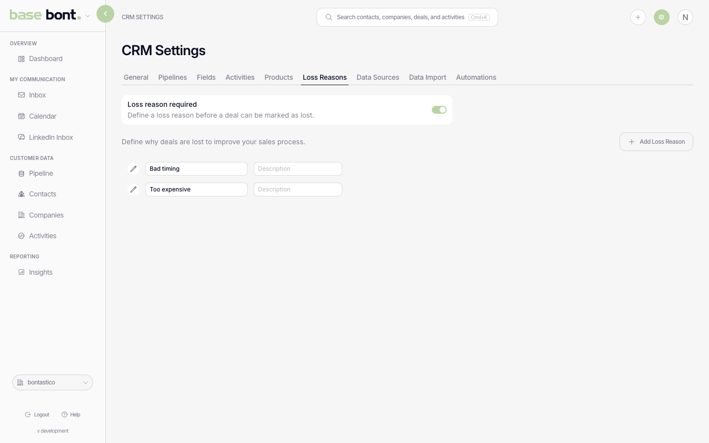 Loss Reasons configuration page with an editable list of reasons and a toggle marked Required on close
