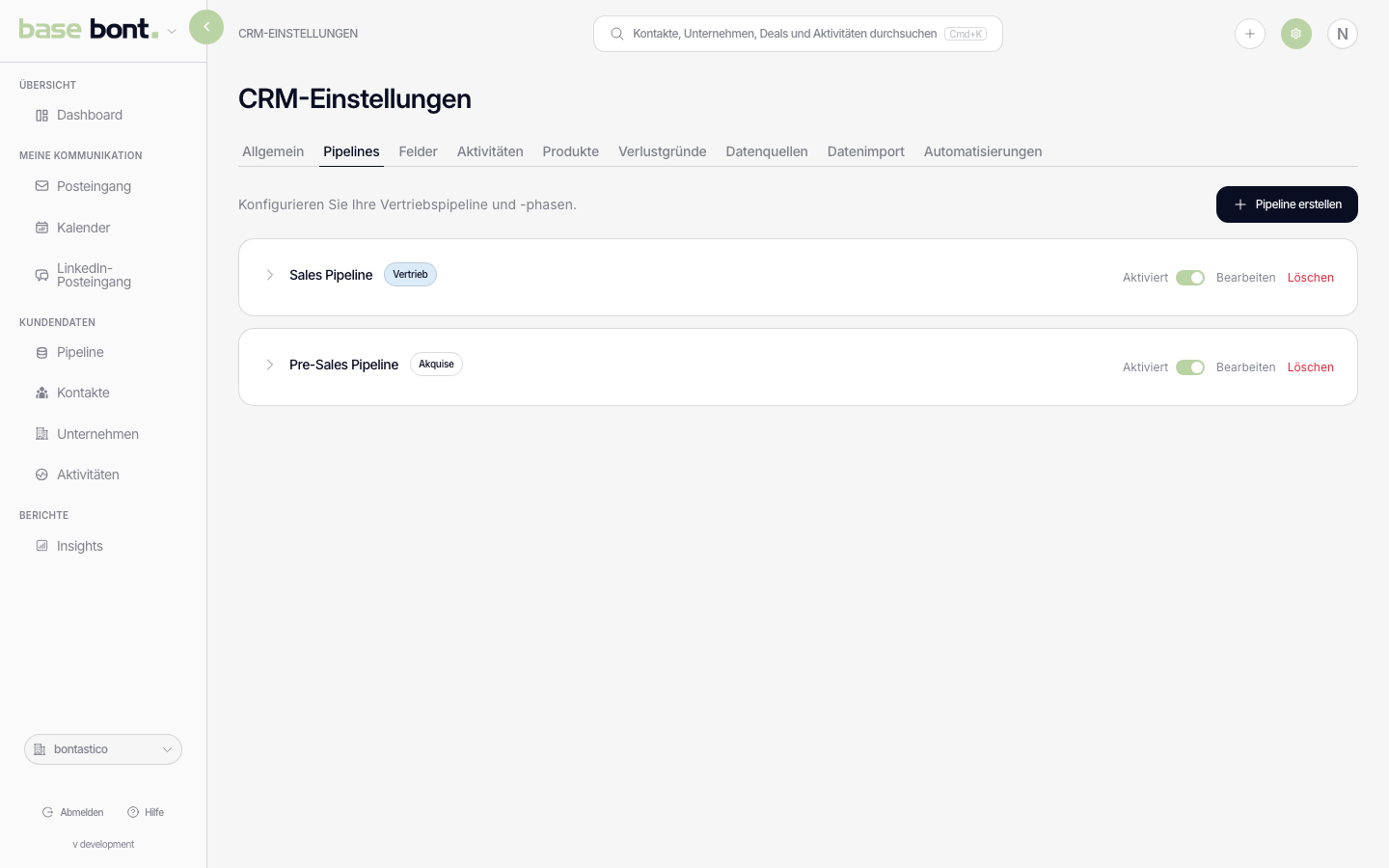 CRM-Konfiguration-Pipelines-Seite mit bestehenden Pipelines, Stage-Chips und Add-Pipeline-Button