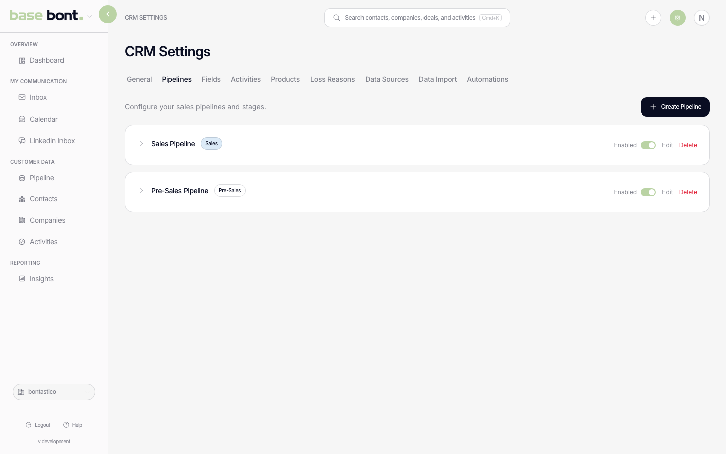 CRM configuration Pipelines page listing existing pipelines with stage chips and an Add Pipeline button