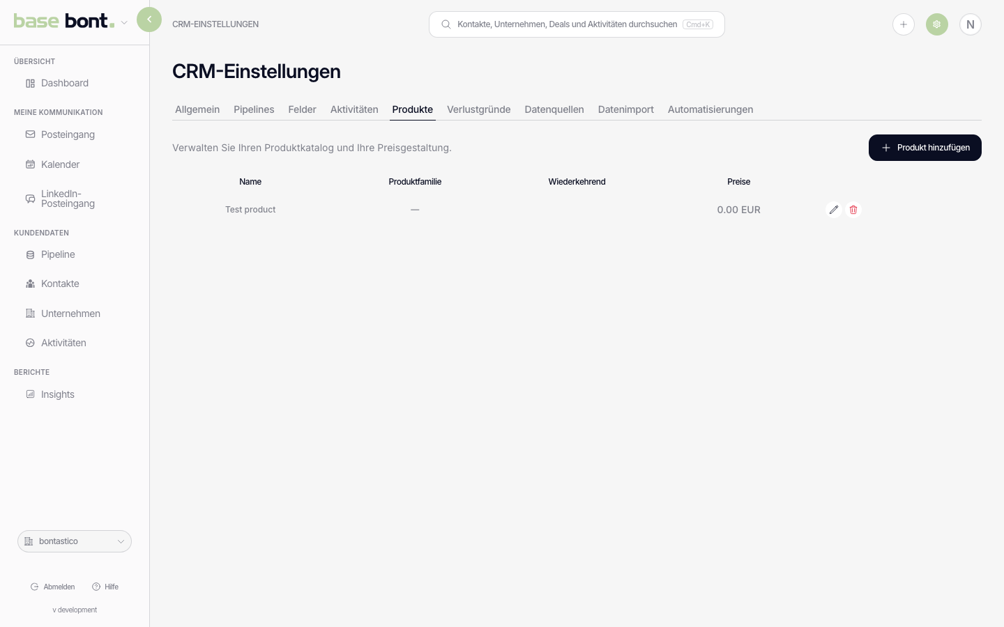 Produkt-Konfiguration mit Tabelle aus Name, SKU, Preis und Währung sowie Add-Product-Button