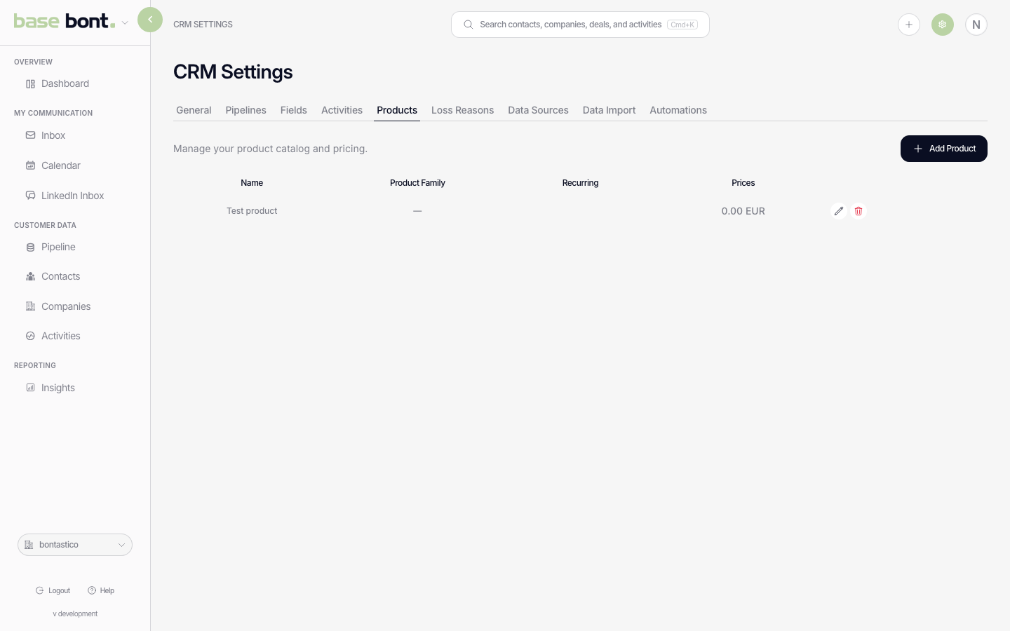 Products configuration page with a data table of products showing name, SKU, price and currency, plus an Add Product button