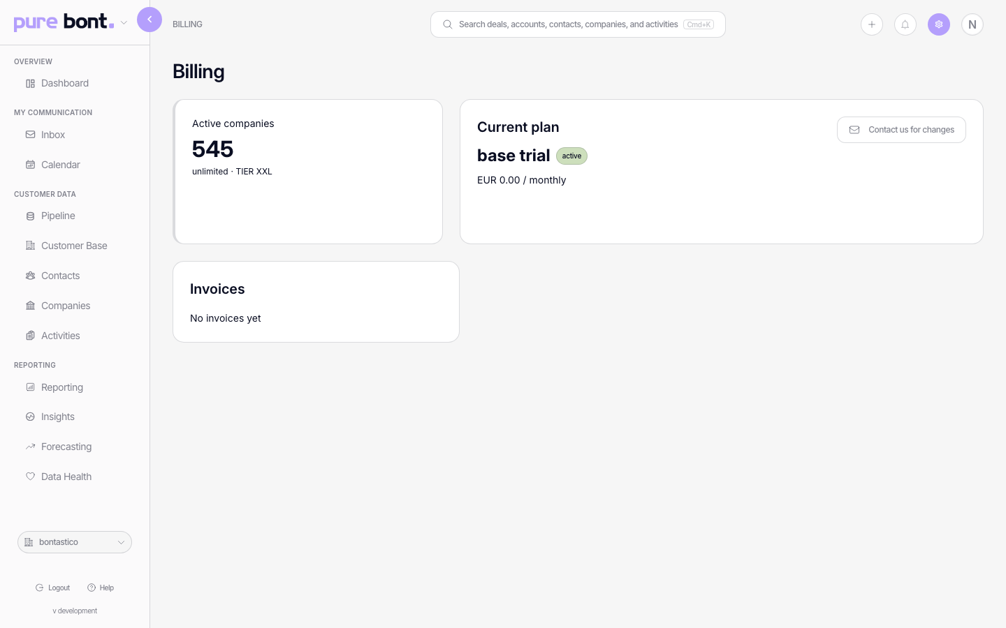 Billing settings page with Subscription, Current plan and Invoices sections