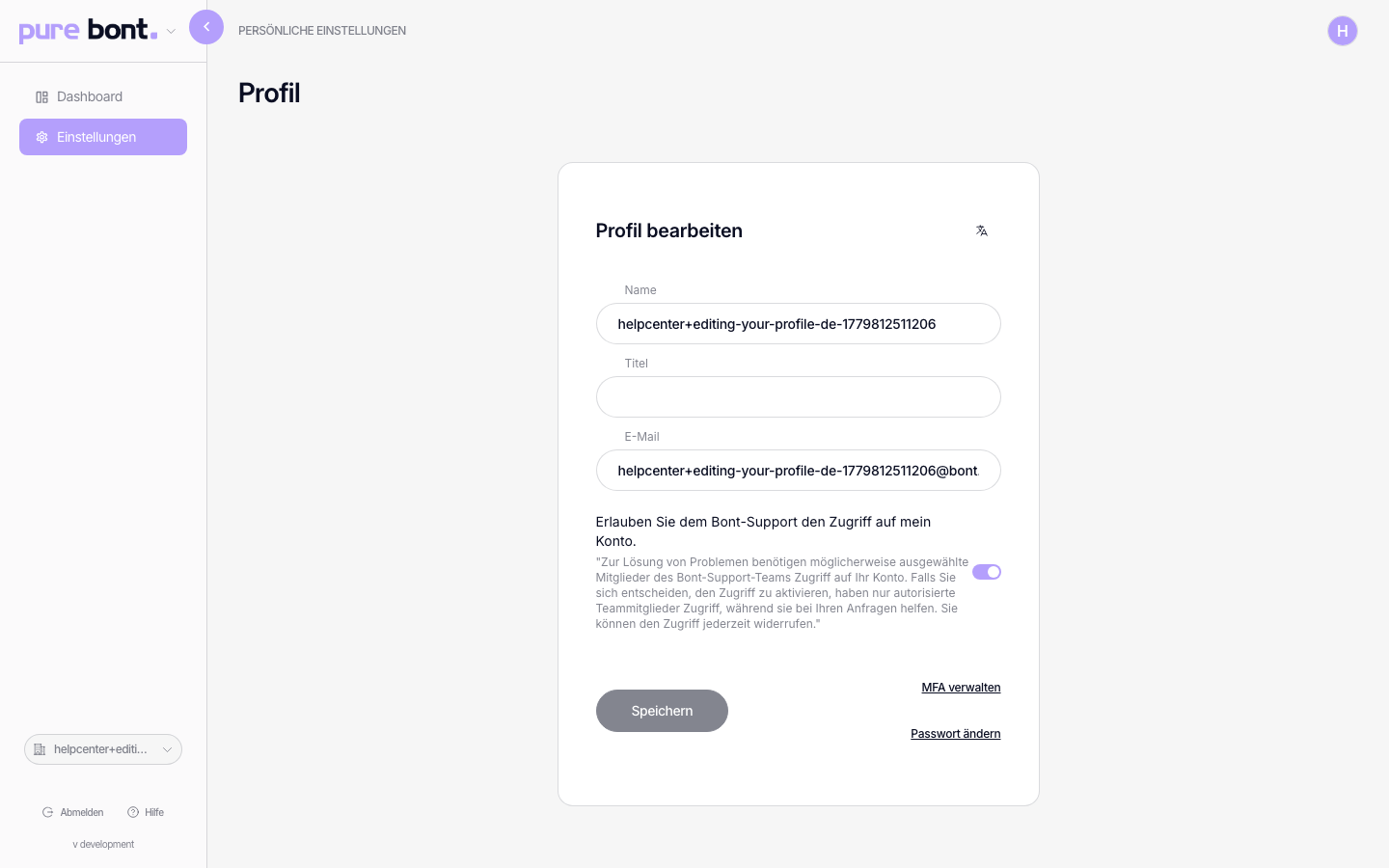 Profilseite mit Feldern für Name, Titel und Email und einem Speichern-Button