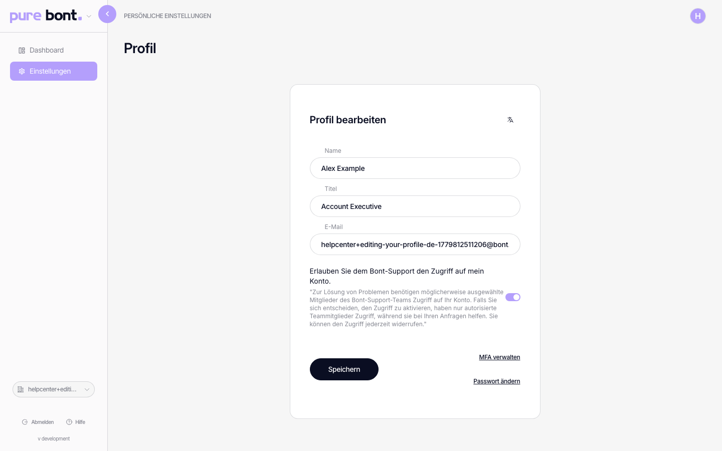 Profilseite mit ausgefüllten Feldern für Name und Titel und aktivem Speichern-Button