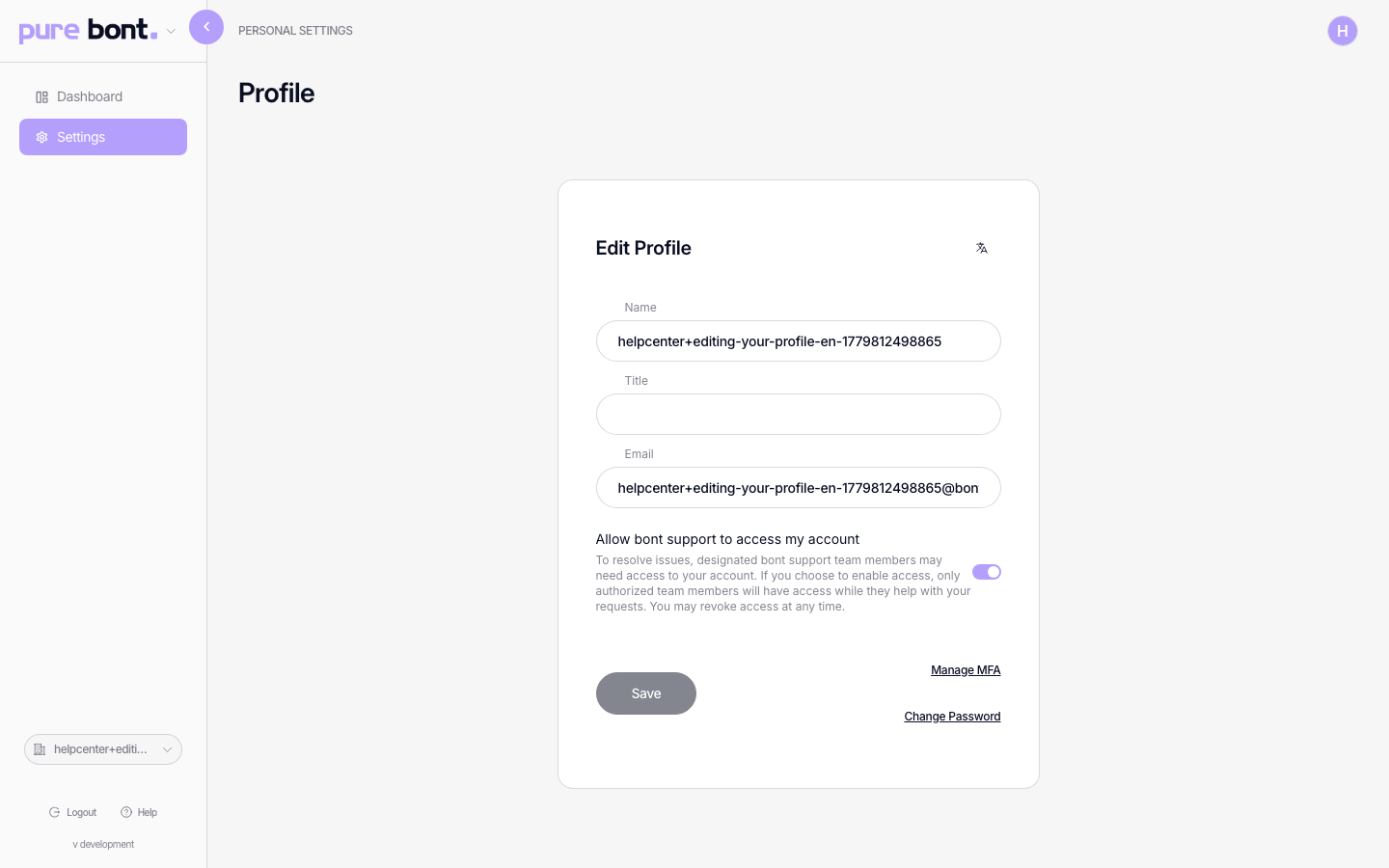 Profile page with Name, Title and Email fields and a Save button