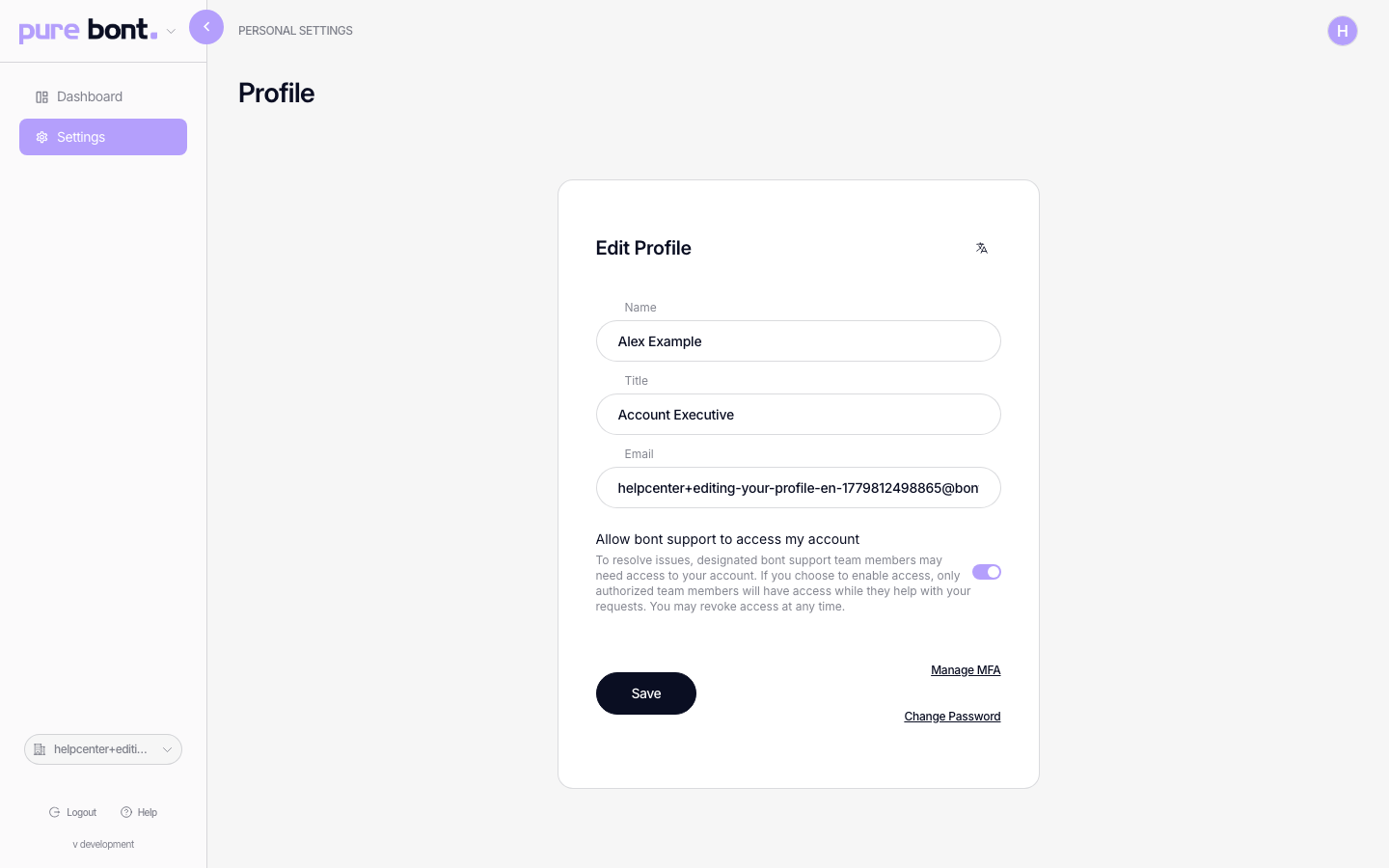 Profile page with Name and Title fields filled in and the Save button active