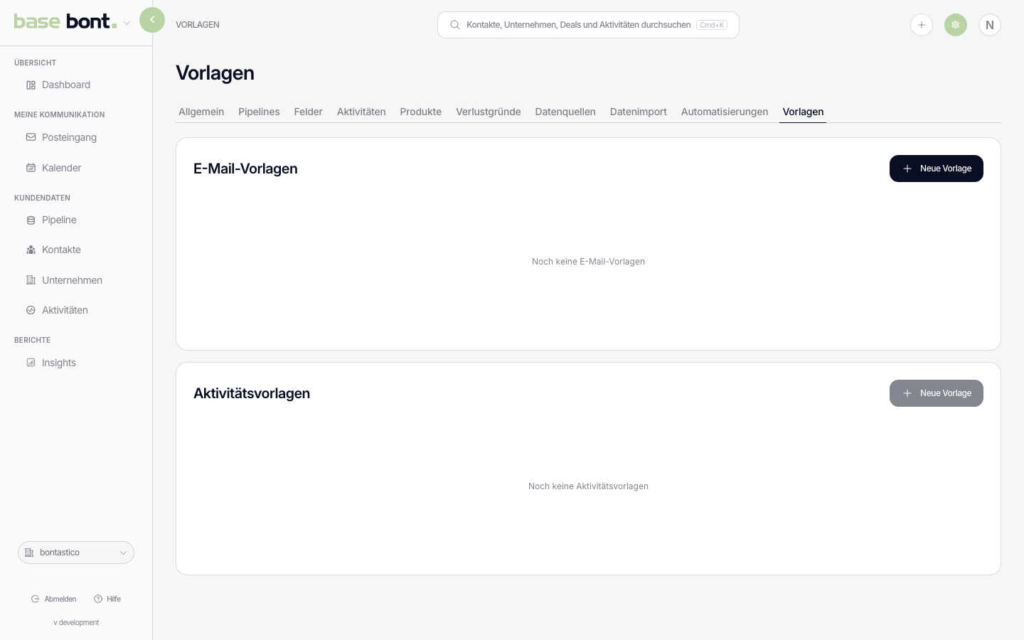 Die Templates-Einstellungsseite mit zwei Bereichen, E-Mail-Templates und Activity-Templates, je mit Button Neue Vorlage