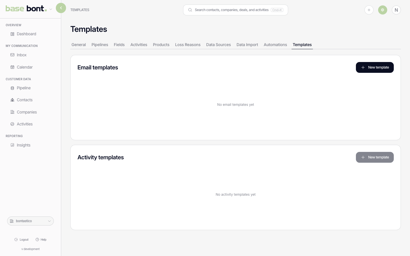 The Templates settings page with two sections, Email templates and Activity templates, each with a New template button