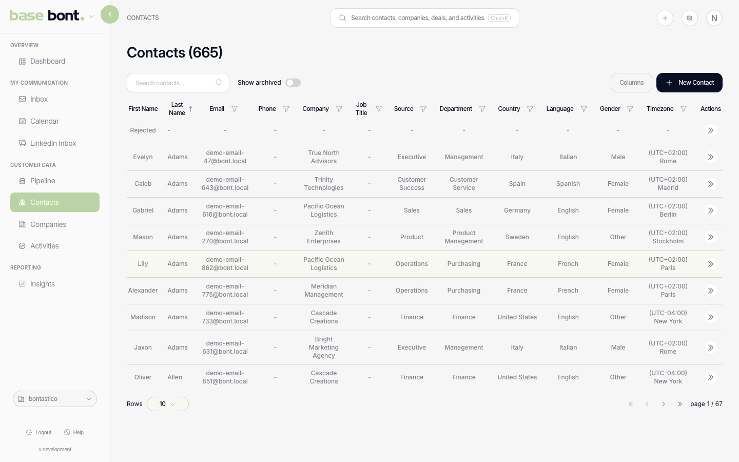 Contacts list page with the search input, archived toggle, New Contact button and the contact table below