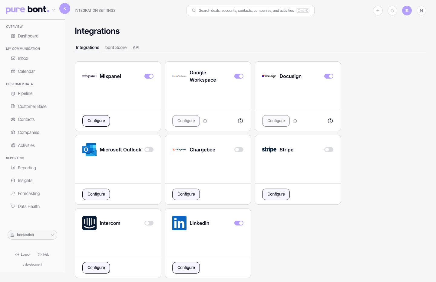 Integrations settings page in pure bont showing provider cards grouped by category