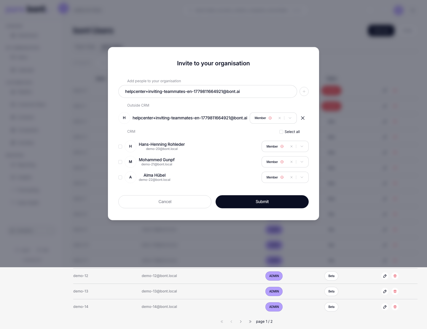 Invite to your organisation modal with the email field populated and a role chip on the added row