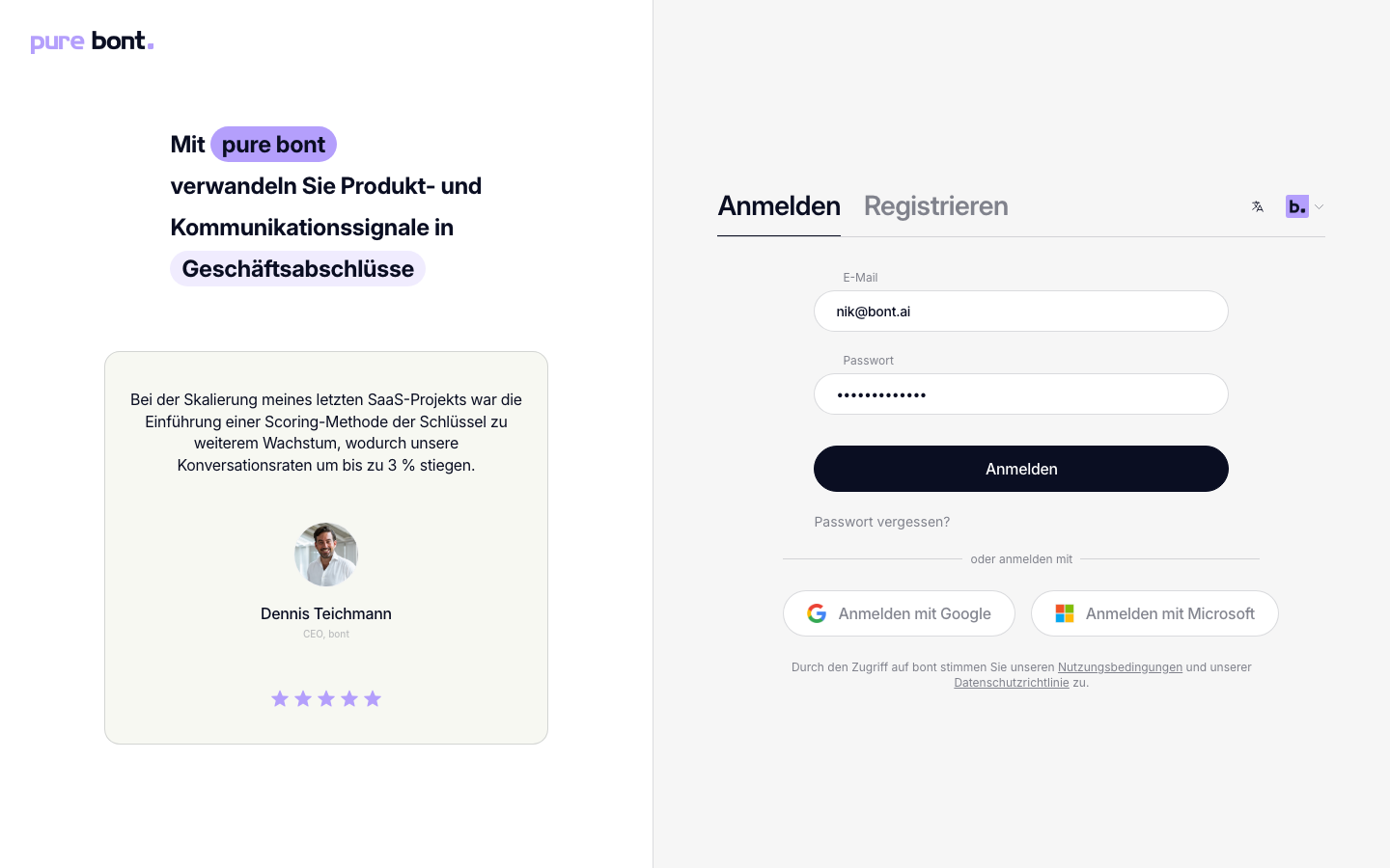 Anmelden-Tab mit ausgefüllten Feldern für Email und Passwort