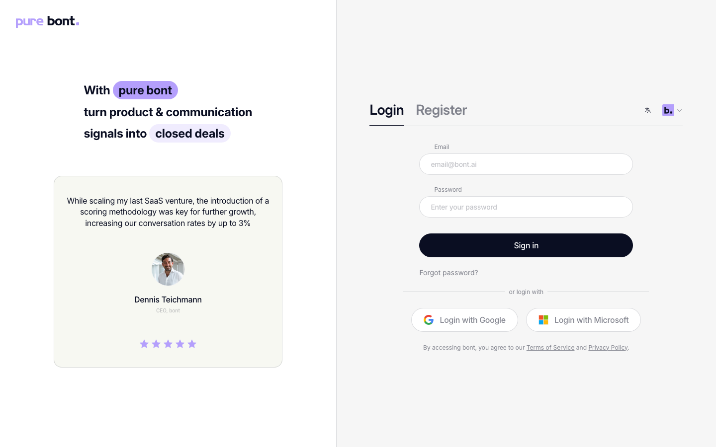 bont Login tab with empty email and password fields