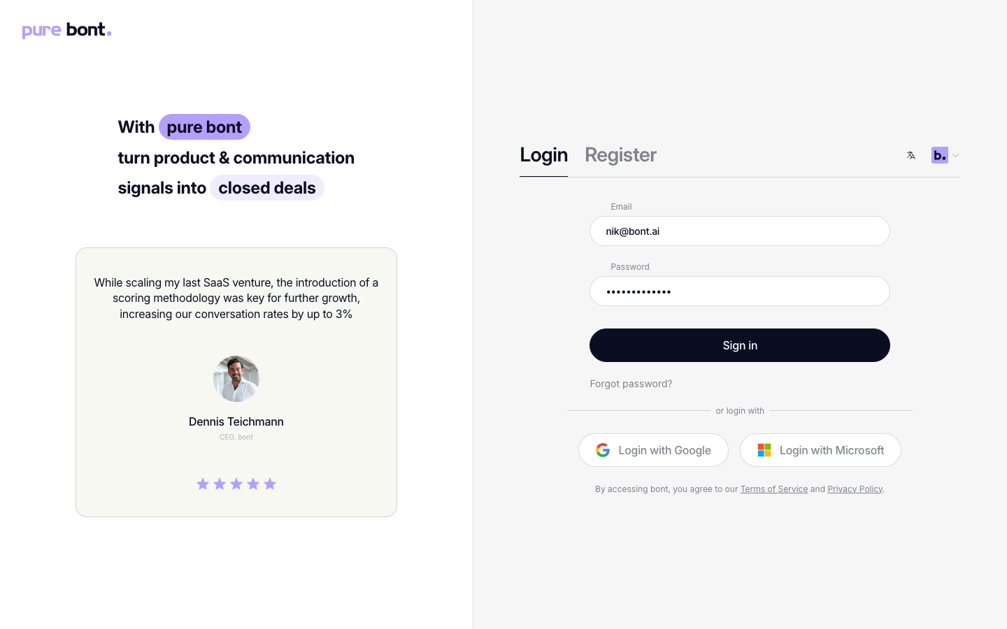Login tab with email and password filled in