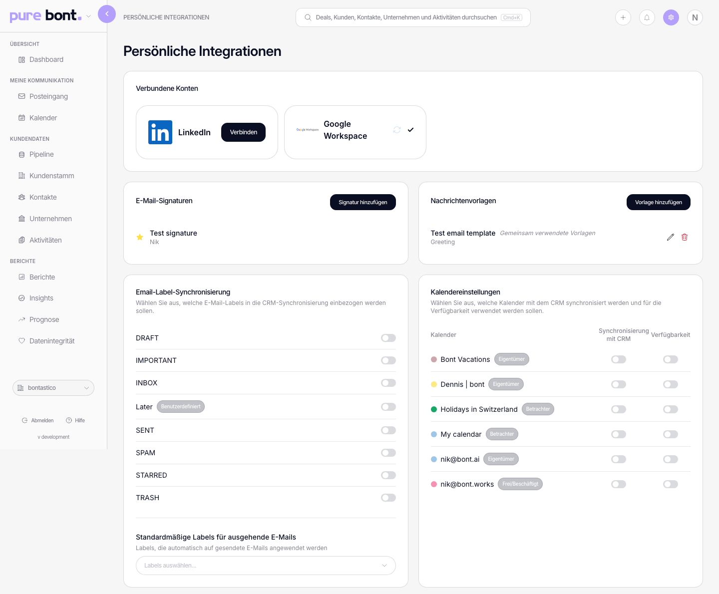 Personal-Integrations-Seite mit Connect-Buttons für Google Workspace und Outlook