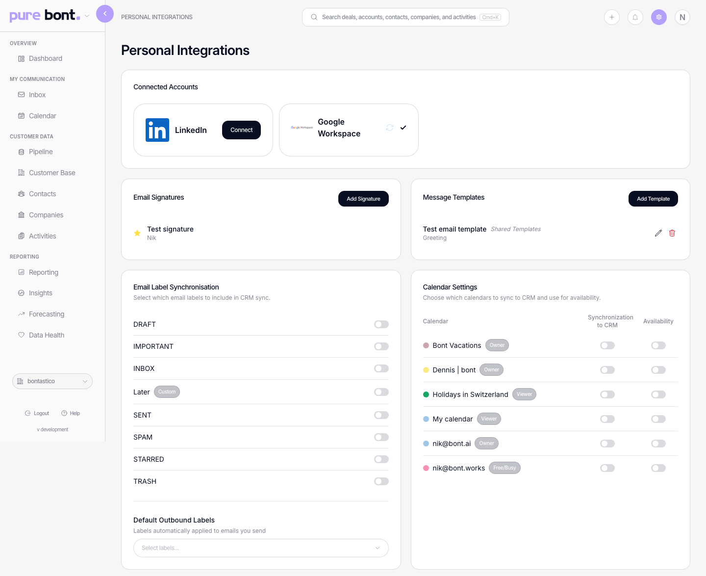 Personal Integrations page with Connect buttons for Google Workspace and Outlook