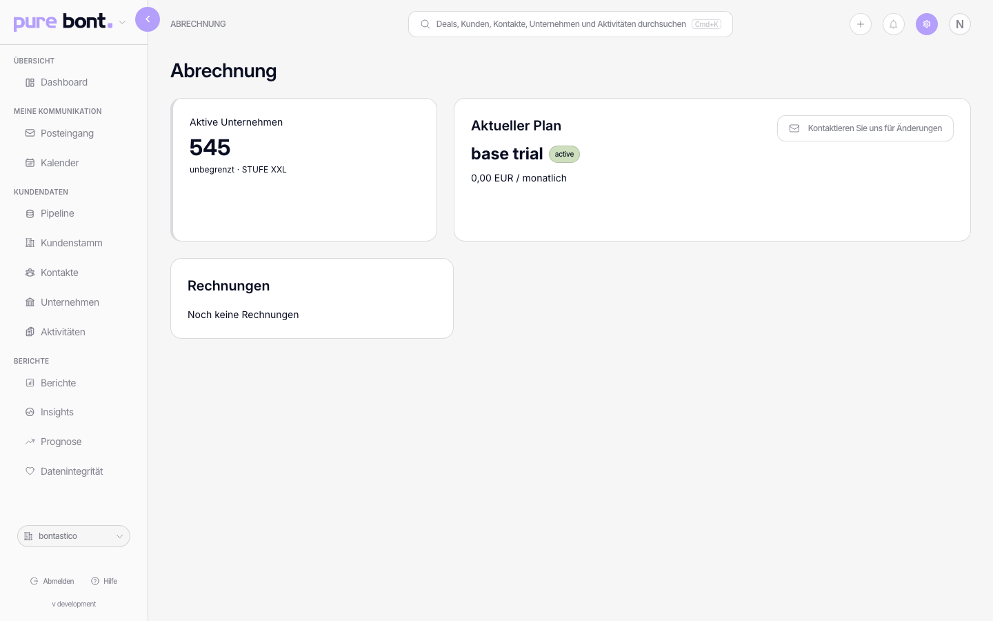 Billing-Einstellungsseite mit Subscription-, Current-plan- und Active-companies-Karten