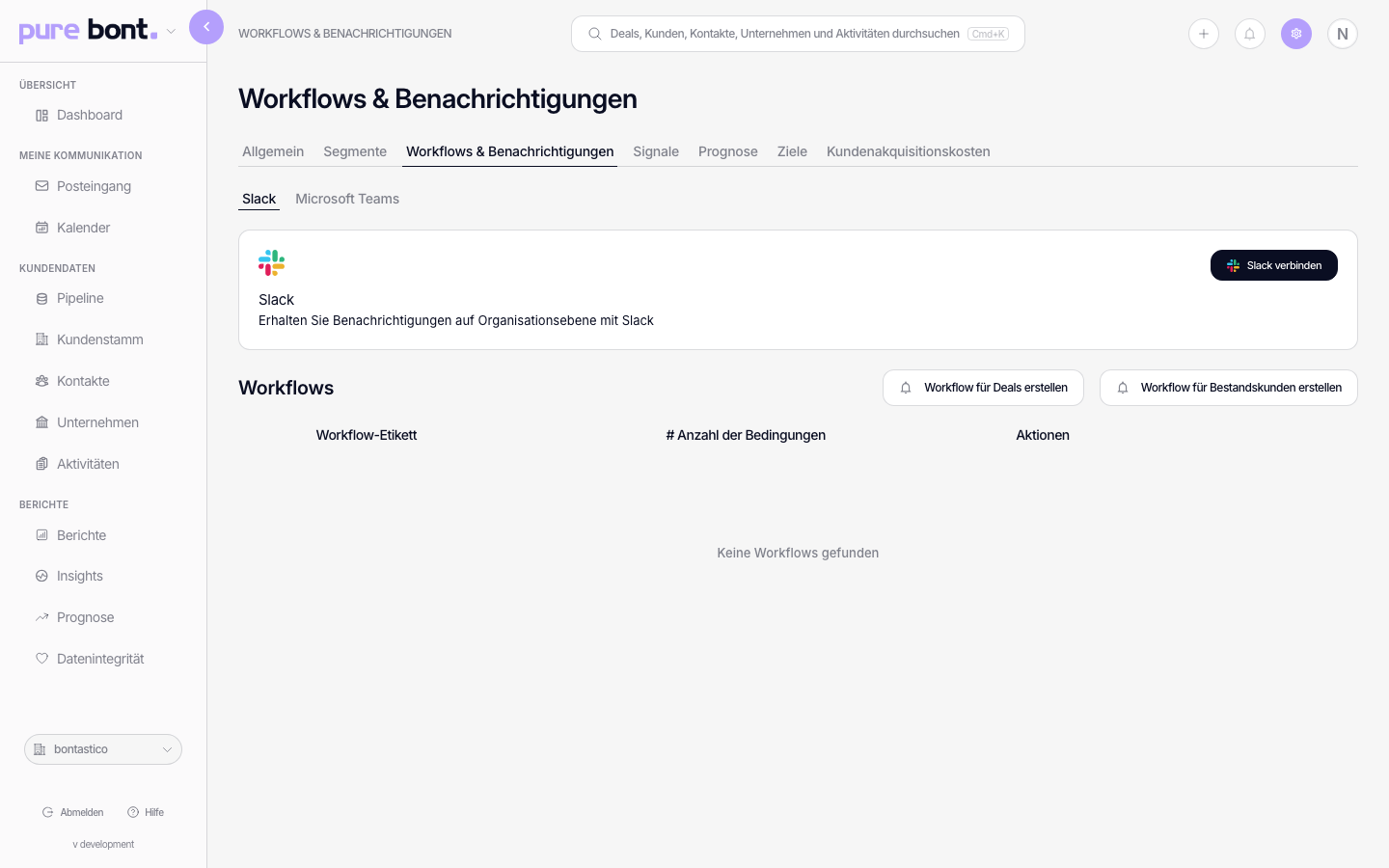 pure-bont-Workflows-and-Notifications-Seite mit Slack- und Teams-Tabs oben und Workflow-Tabelle darunter