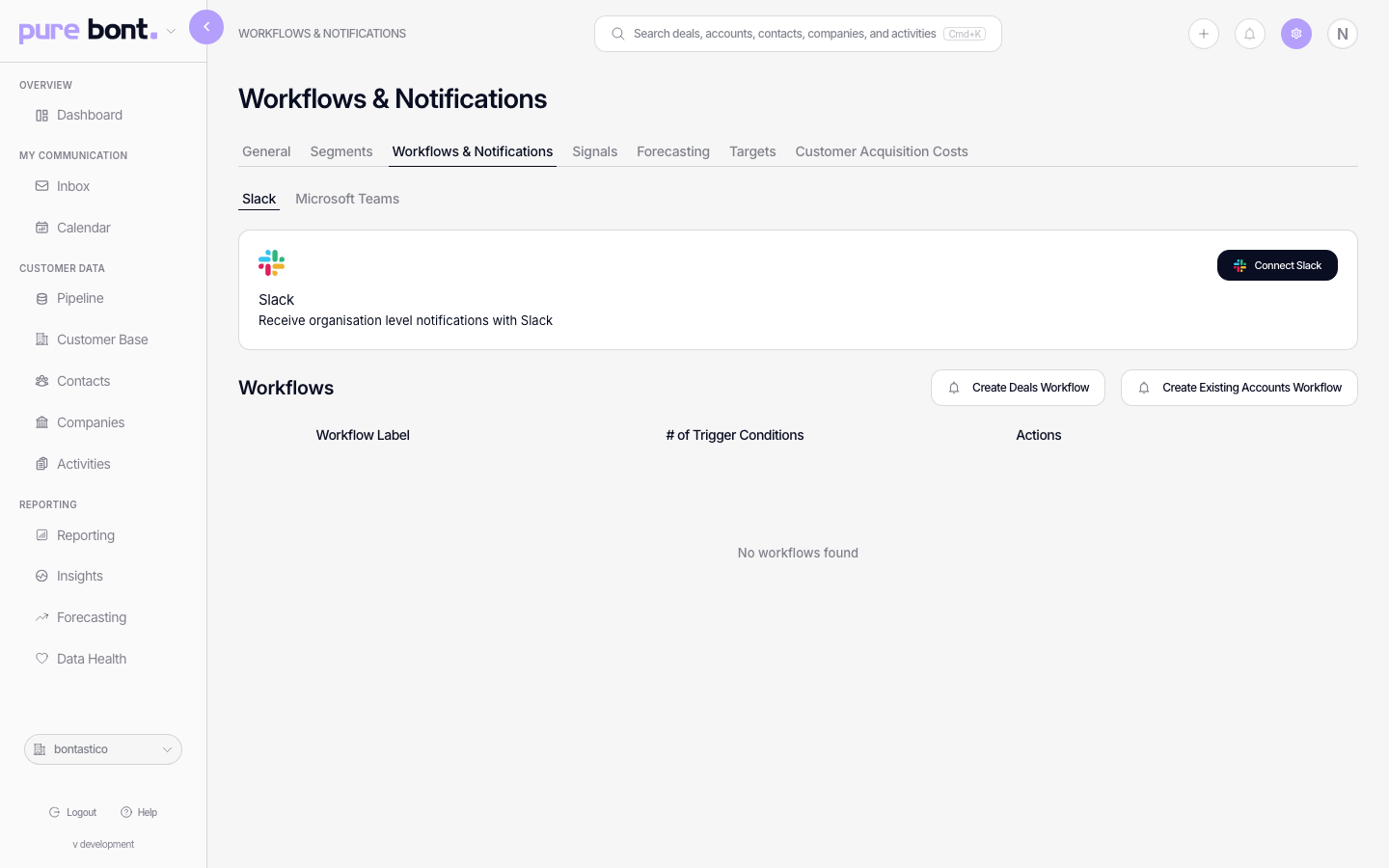 pure bont Workflows and Notifications settings page with Slack and Teams sub-tabs at the top and a Workflows table below