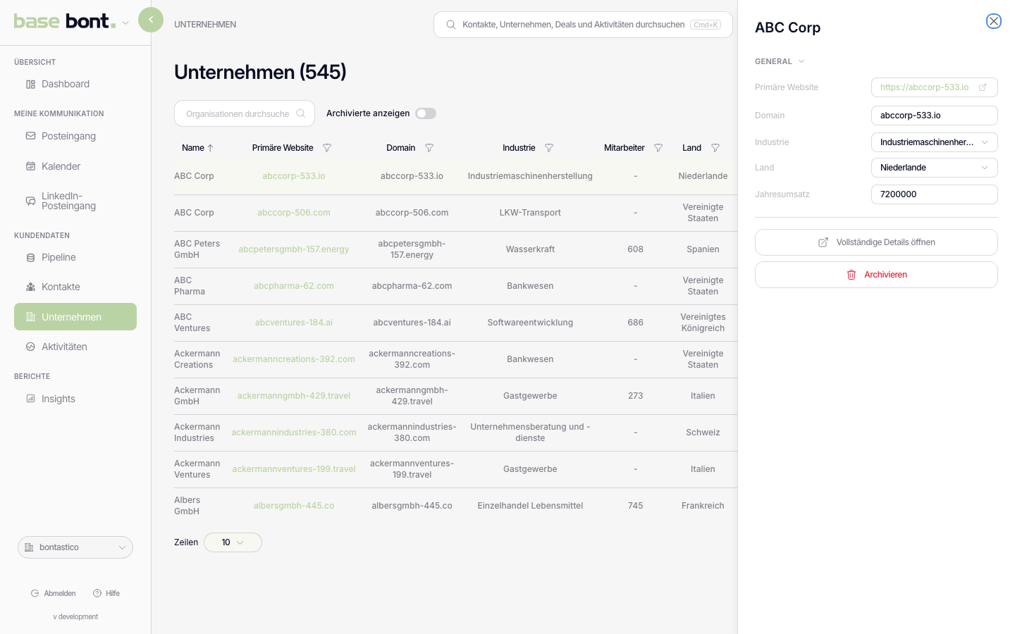 Quick-View-Schublade rechts neben der Companies-Liste mit den Kopf-Feldern und einem Open-details-Button