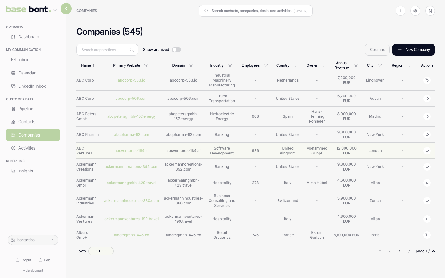 Companies list page with search input, archived toggle and a table of company names, owners and contact counts