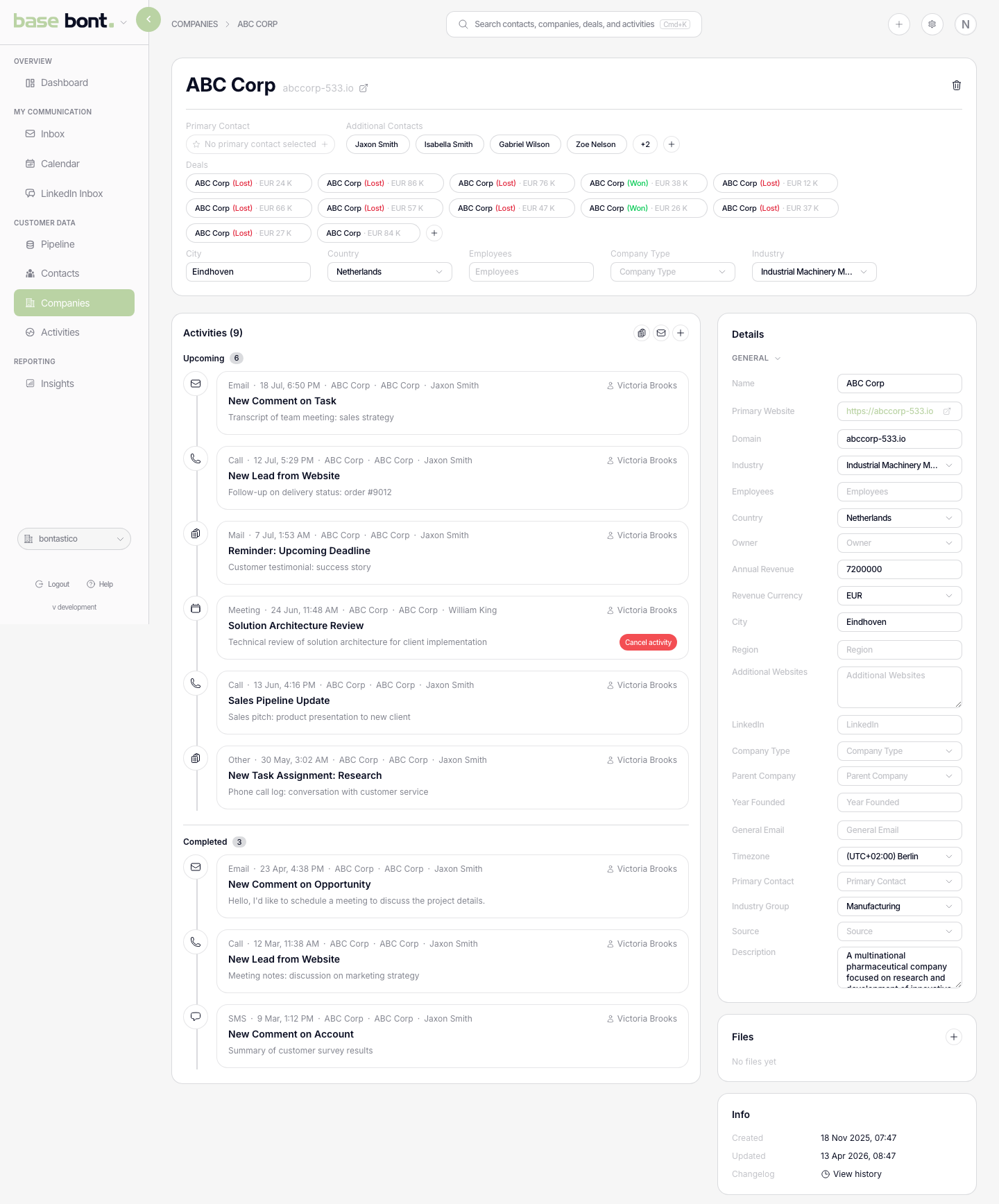 Company detail page with header, activities feed on the left and details, primary contact, child companies and CRM users on the right